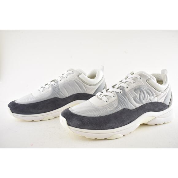Chanel Mens 21C Grey Suede Ecru Nylon CC Logo Lace Low Top Trainer Sneaker 44 11 - Picture 10 of 12